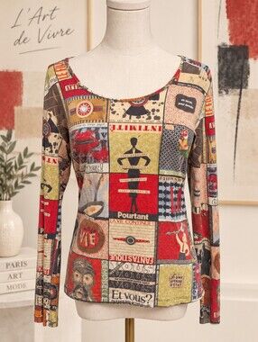 Aventures des Toiles Art to Wear French Graphic Print Long Sleeve Size 40 (M)